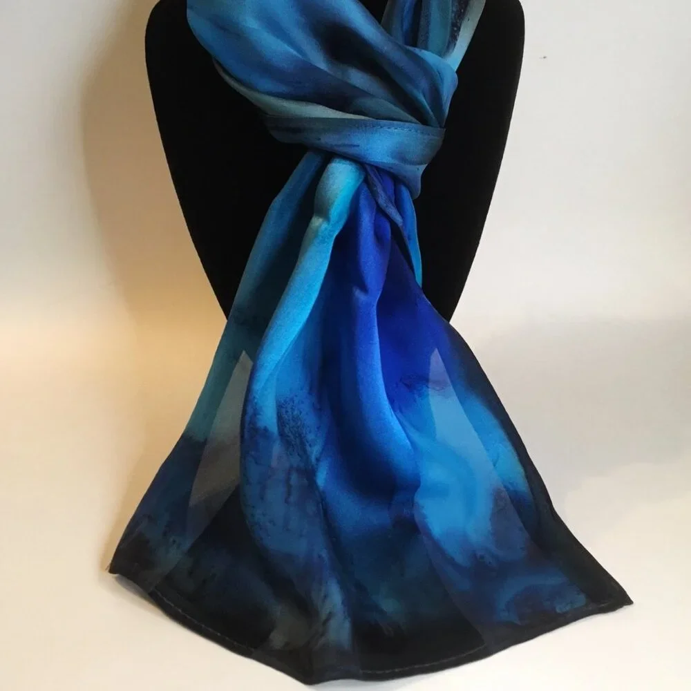 Hand Painted Silk Scarf Turquoise Dark Light Blue Rectangle Head Hair Neck New - Picture 3 of 6